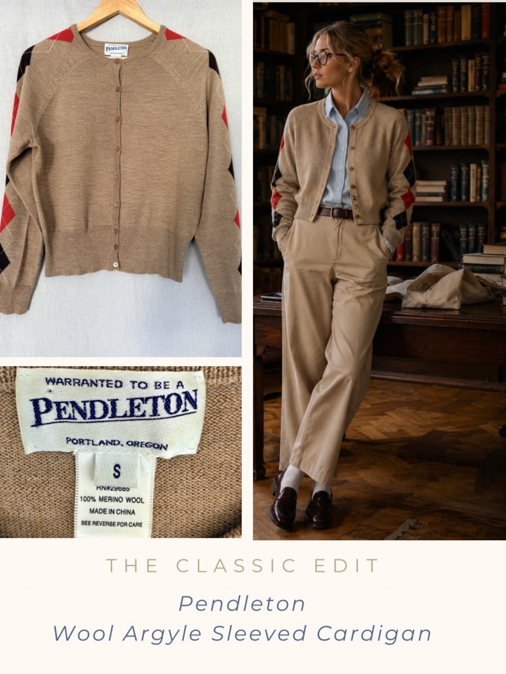 Pendleton 100% Wool Argyle Sleeve Cardigan Preppy Academic Grandpa Chic